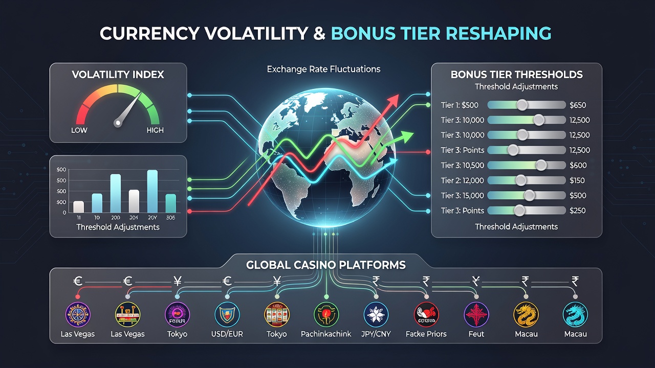 Casino dashboard interface displaying real-time bonus tier adjustments linked to currency rates