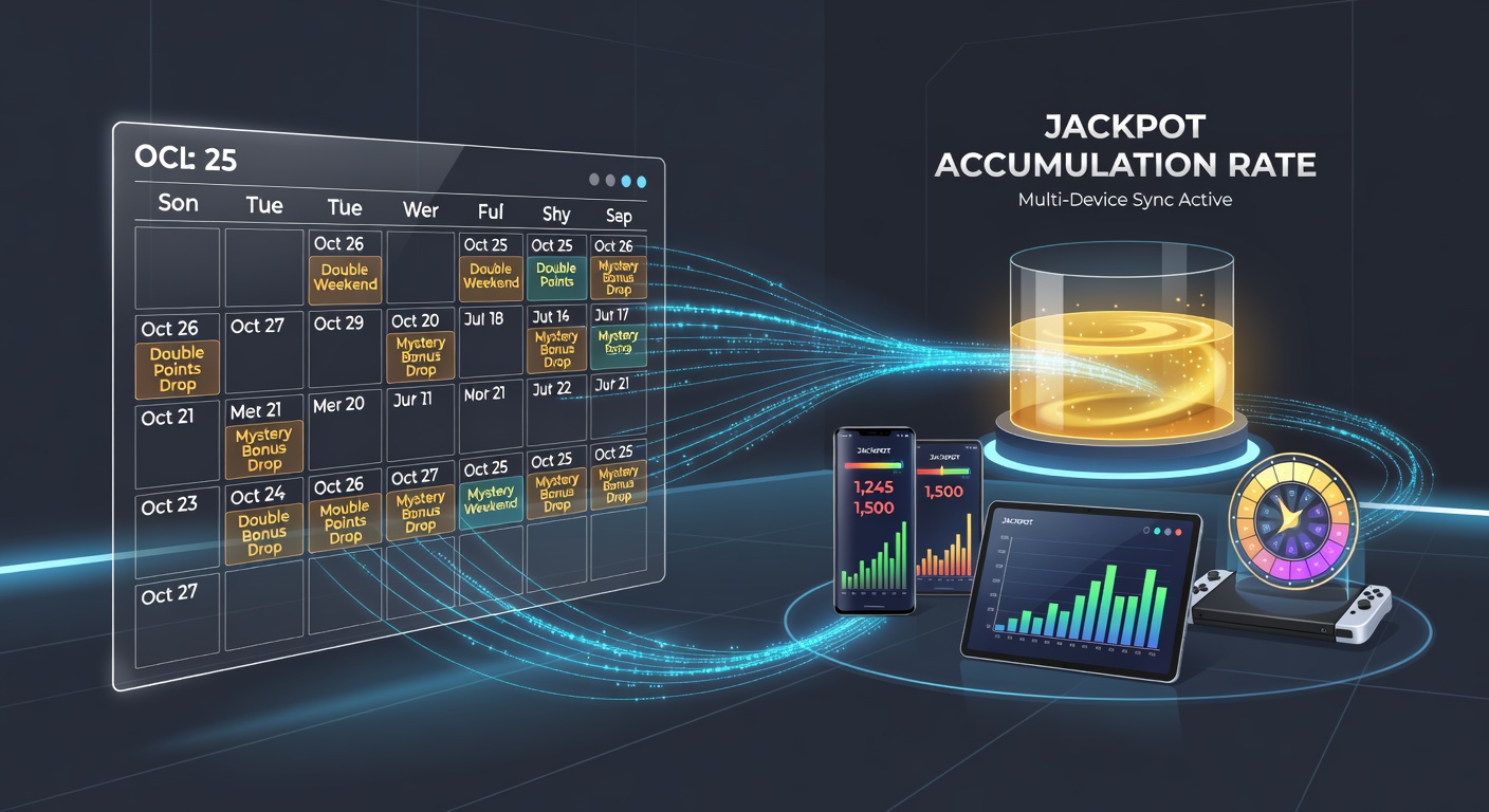 Multi-device gaming setup showing synchronized promotional timing and jackpot meters across platforms