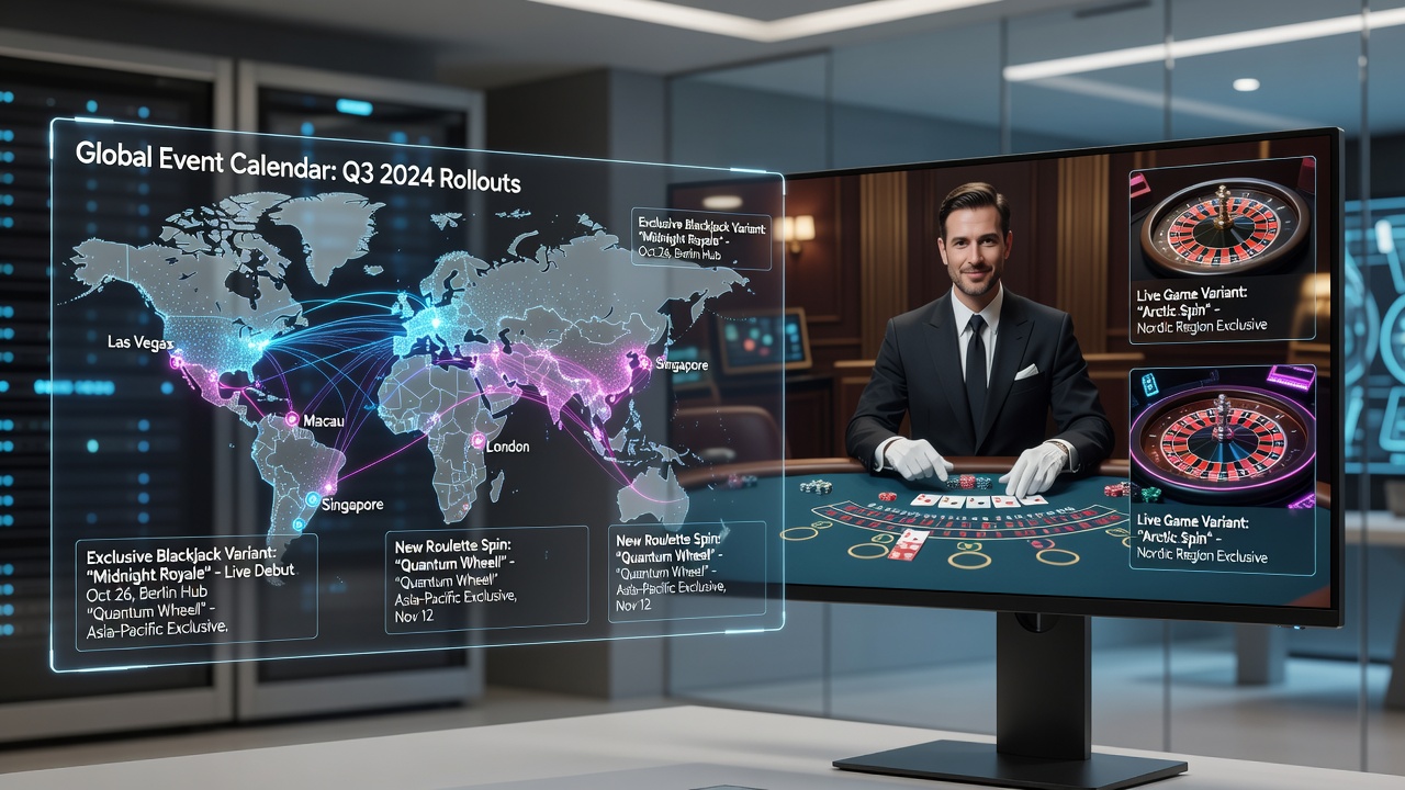 Global event calendar displayed on a digital screen alongside live casino game interfaces