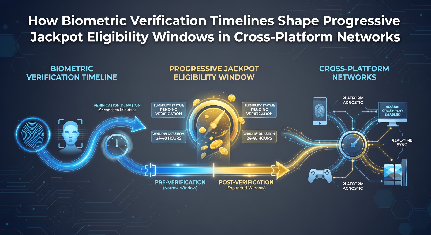 Biometric verification interface on multiple gaming devices showing timeline indicators for jackpot eligibility