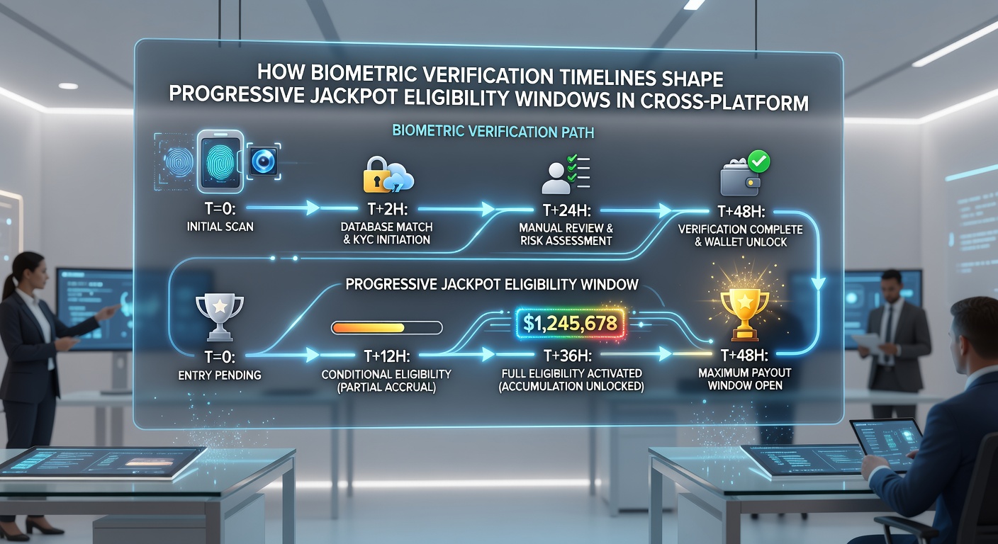 Cross-platform casino network diagram illustrating biometric verification flow and jackpot eligibility synchronization