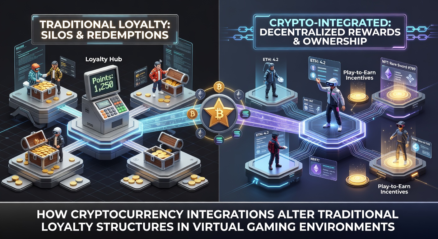 Blockchain network visualization showing cryptocurrency transactions integrated with virtual gaming loyalty points and reward tokens