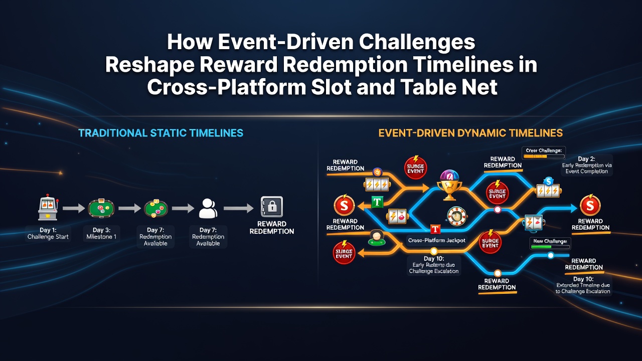 Live table game interface displaying event challenge progress and redemption options synced with slot network data