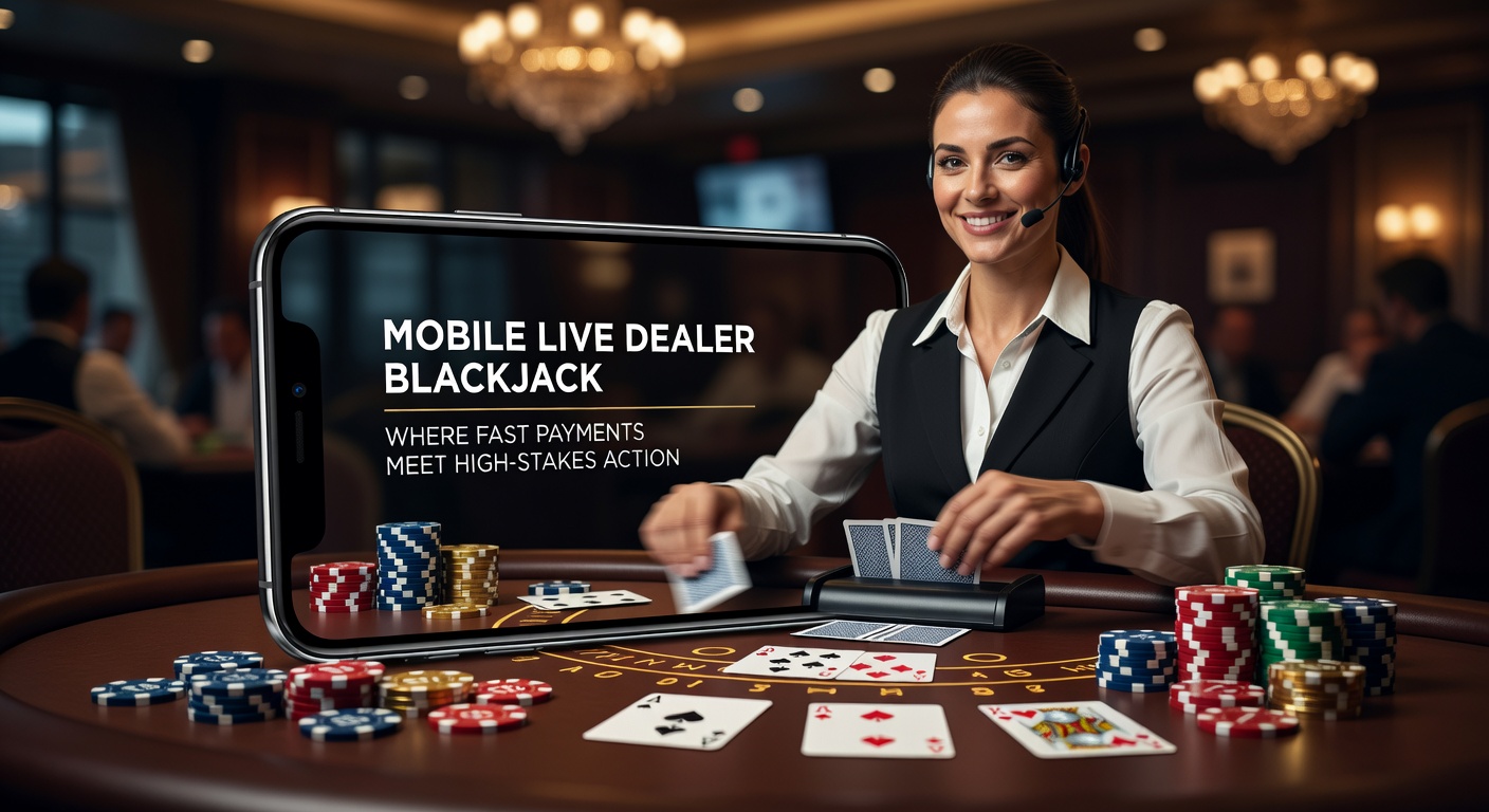 A sleek mobile screen displaying a live dealer blackjack table with cards in motion and a high-stakes bet highlighted, capturing the thrill of real-time play on the go