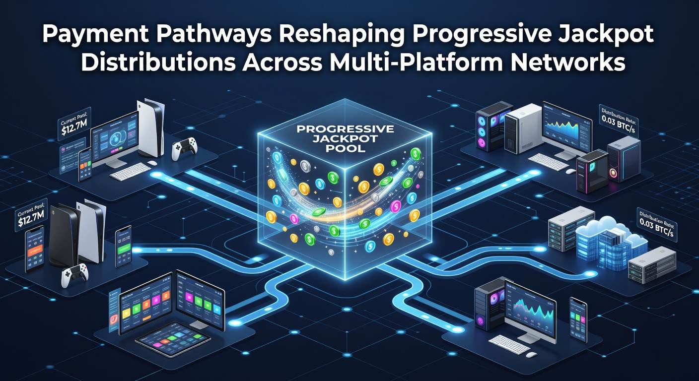 Visual representation of cryptocurrency and digital wallet transactions feeding into shared progressive jackpot pools across various gaming platforms and devices