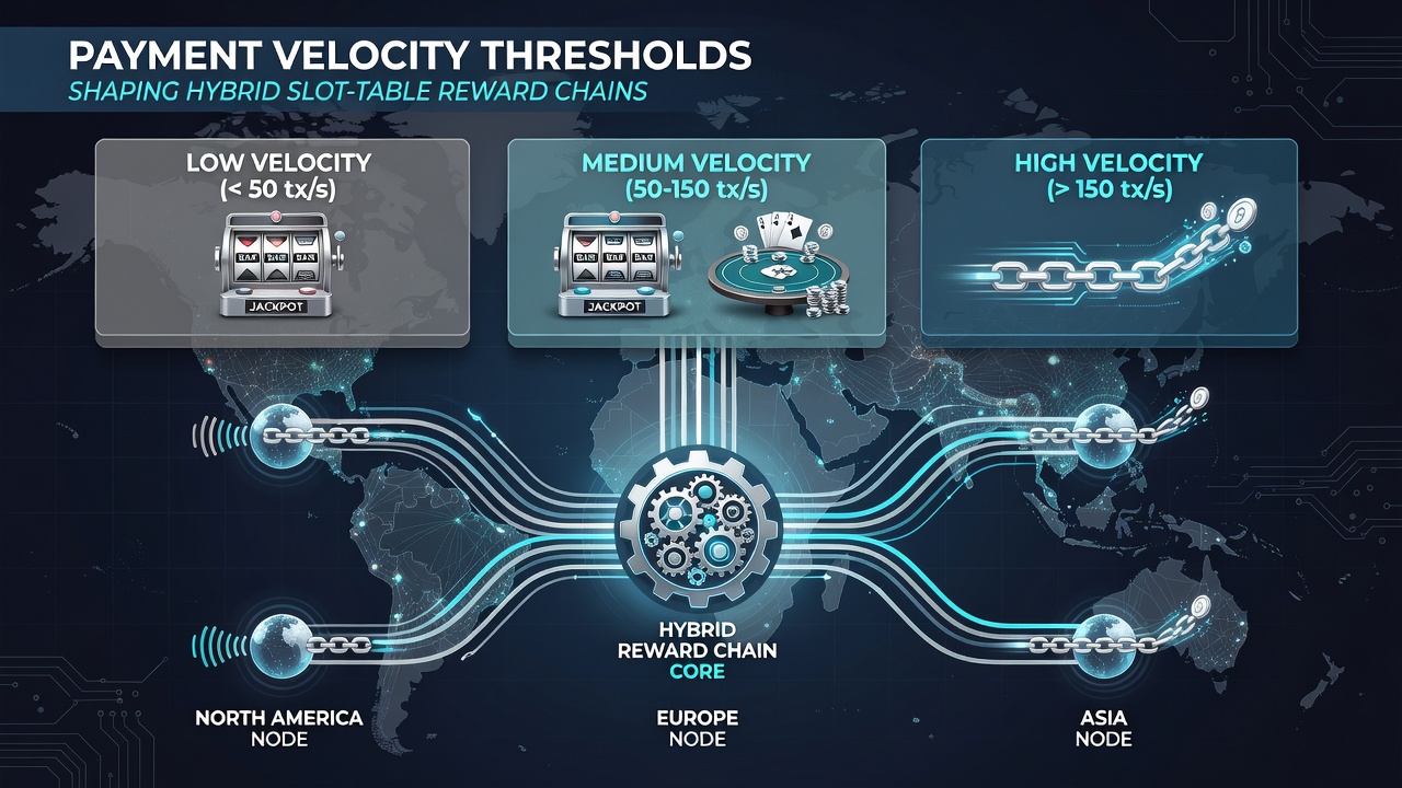 Cross-regional mobile network dashboard showing payment velocity metrics and hybrid reward chain connections between slots and tables