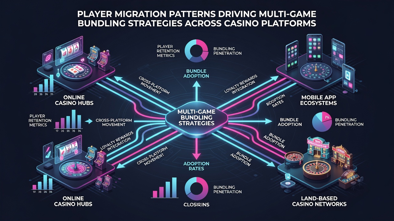 Diagram of multi-game bundling strategies linking slots, live tables, and jackpot features on casino platforms