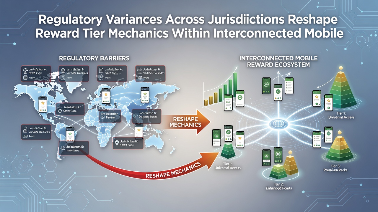 Diagram illustrating how regulatory rules segment reward tiers in mobile gaming apps across different regions