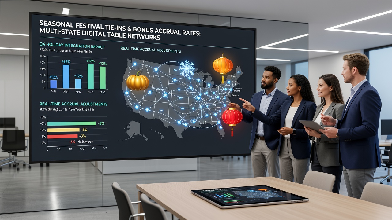 Analytics dashboard showing fluctuating bonus accrual rates tied to seasonal festivals in multi-state table networks