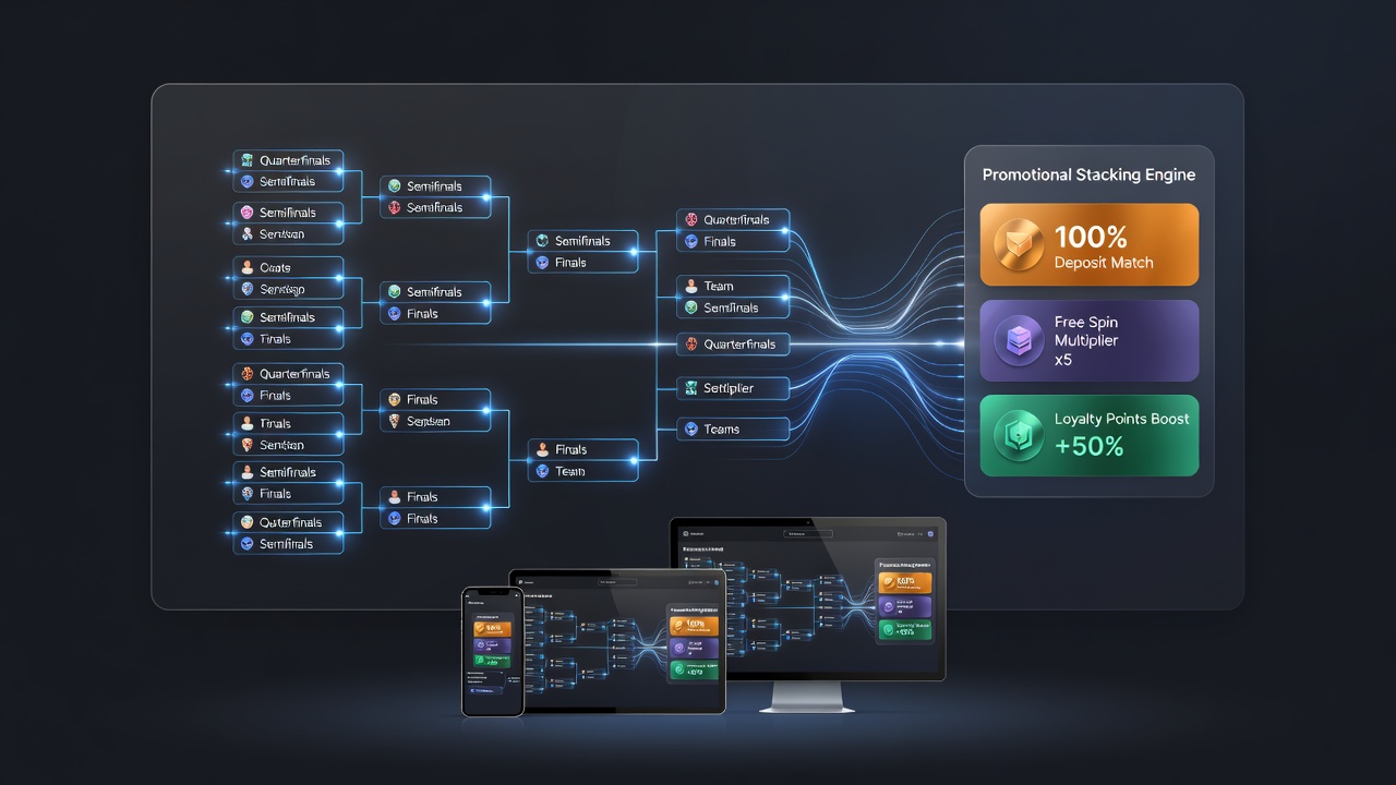 Infographic displaying stacked promotional layers triggered at different stages of a digital tournament bracket across phone, tablet, and desktop screens