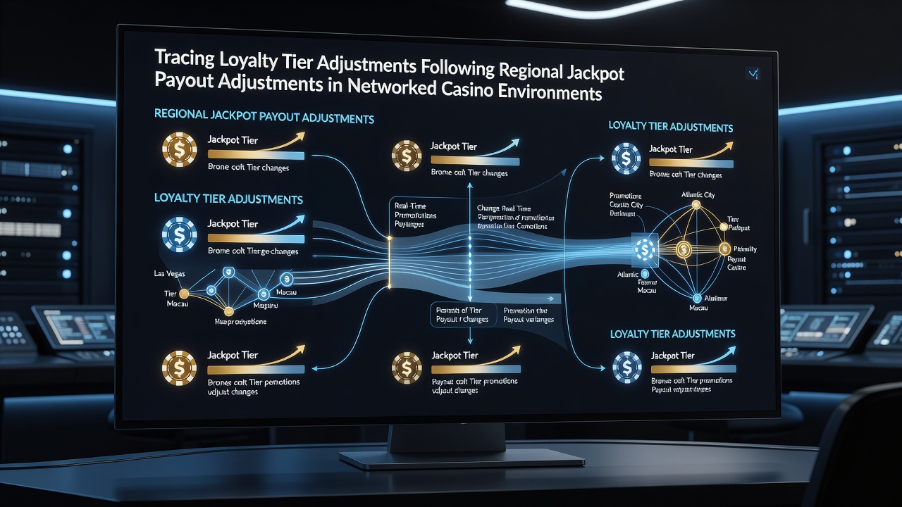 Networked casino systems displaying regional jackpot data and loyalty tier interfaces on multiple screens
