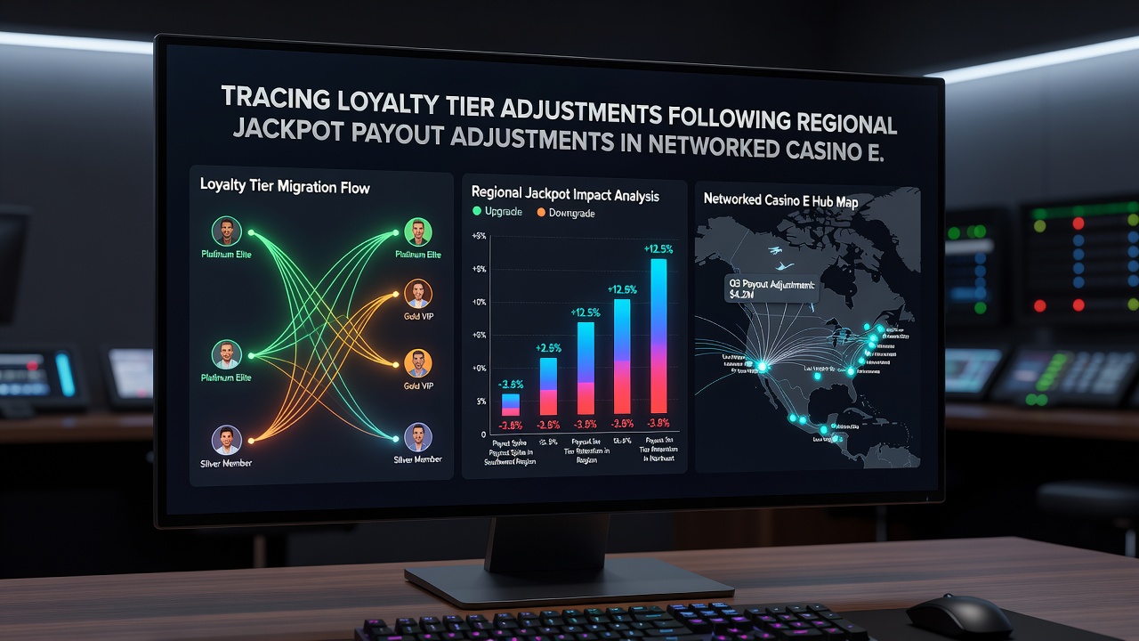 Casino analysts reviewing loyalty tier reports and jackpot payout analytics on dashboards
